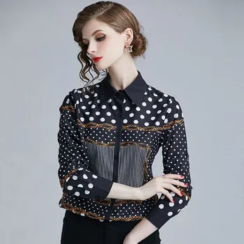 Willstage Black Marškinėliai Moterims Dot Modelio Spausdinti Palaidinė Mygtuką 