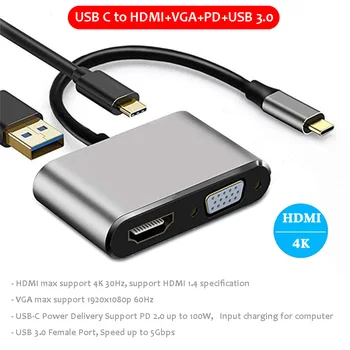 USB Tipo C VGA HDMI Docking Station) nešiojamas kompiuteris, USB, C Projektorius Adapteris, skirtas 