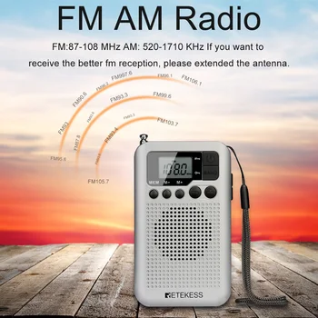 Retekess TR106 Sidabro Nešiojamų FM AM Radijas su LCD Displėjus su apšvietimu Paieška Garsiakalbis, Ausinių Lizdas ir Paramos Laikrodžio Funkcija