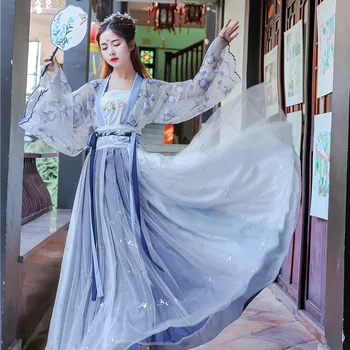 Siuvinėjimo Hanfu Moterų Mėlyna Klasikinio Šokio Kostiumų Dainininkas Festivalis Apranga Pasakų Suknelė Rave Veiklos Drabužius, 3 Vnt. Rinkinys DF1341