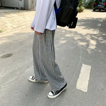 Korėjos Pledas Kelnės, vyriškos Mados Retro Atsitiktinis Tiesios Kelnės Vyrams Streetwear Laukinių Prarasti Hip-hop Pločio Kojų Kelnės Mens M-XL