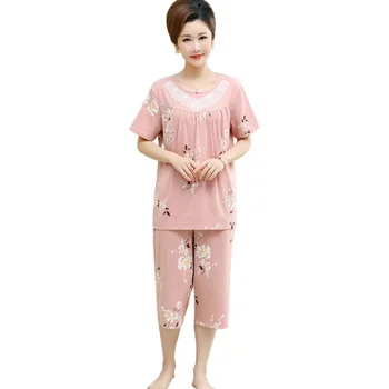 Medvilnės trumpomis rankovėmis apkarpyti kelnės pijama moterims vasaros spausdinti nėrinių ponios atsitiktinis rinkinys gėlių moterų homewear plius dydis m-4XL