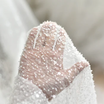 1Meter Nuotaka Vestuvių Suknelės Nėrinių Medžiagos 2018 Naujausius Prabangos Off White Net Tiulio, Nėrinių Audinys Su Allover Perlai ir Blizgučiai