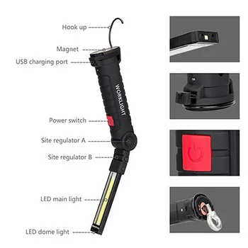 Tikrinimo Darbo Lemputė USB Įkraunamas Žibintuvėlis COB LED Magnetinio Kabinti Žibinto Lempa Mažų Automobilių Remontas Namuose, Naudojant Skubios pagalbos