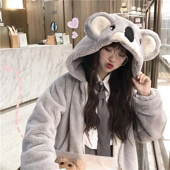 Kawaii Lolita Kailis Japonijos Minkštas Mergina Mielas Koala Ausies Gobtuvu Striukė Žiemos Naujas Šiltas Dirbtiniais Kailiais Zip Iki Studentų Kamšalu Paltas Moterims
