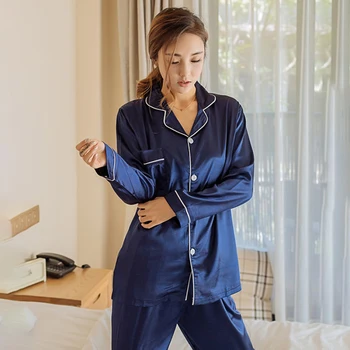 Dirbtiniais Šilko Satino Sleepwear Pajama Komplektai Moterų Sexy Lingeries ilgomis Rankovėmis Pijamas Kostiumas Moterų naktiniai drabužiai Sleepshirt Loungewear