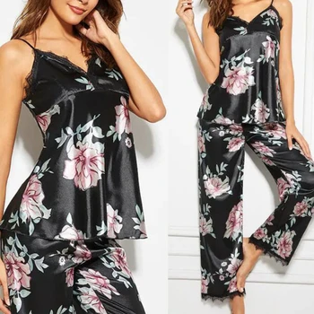 Naujas Moterų Atlasas Sleepwear Tiktų Pavasarį Nėrinių Apdaila Pajama Pyjama Print Gėlių naktiniai drabužiai Atsitiktinis Namų Drabužiai, apatinis Trikotažas Kostiumas S-XL