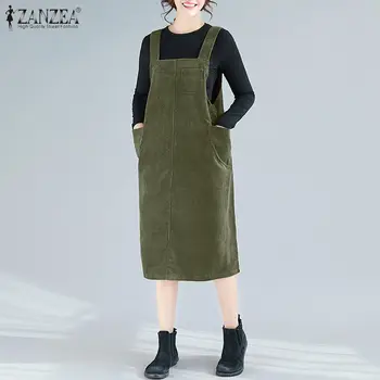 ZANZEA Moterų Velvetas darbo drabužiai Suknelė Vintage Dirželiai Sundress Rudens Žiemos Kietas Rankovių Kišenės Midi Vestidos Petnešos