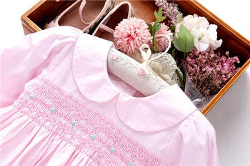 Spirng mergaičių suknelės ilgomis rankovėmis rožinė vyskupas smocked rankų darbo siuvinėjimas princesė parduotuvių, vaikų drabužiai L19112758