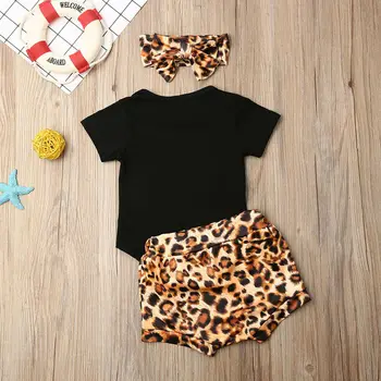 3PCS Naujagimiai, Vaikai Baby Girl Komplektus Drabužių Romper Bodysuit+Leopard Šortai Nustatyti Laiškas Trumpas Rankovės Mergina Drabužių