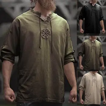 Vyrų Plius Dydžio Marškinius, Aukščiausios Senovės Vikingų Siuvinėjimo Nėrinių V-Kaklo, ilgomis Rankovėmis Marškinėliai Viršuje 2021 Naujųjų Metų Vyrų Drabužiai