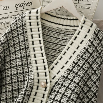 Korėjos versija mados visas rungtynes, languotas vidurio-ilgis, V-kaklo megztinis, striukė moterims prarasti ilgomis rankovėmis megztinis megztinis rudenį