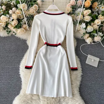 Moterų Pavasario Rudens Suknelės Naujos Susegamas ilgomis rankovėmis Megzti Suknelę Trumpas korėjos-line Moterų Suknelės LL117