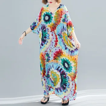 Plus Size 2020 Metų Vasaros Boho Suknelė Moterims 4XL 5XL 6XL Saulėgrąžų Spausdinti Gėlių Suknelės Medvilnės Skalbiniai Bohemijos Maxi Ilgas Negabaritinių Suknelė