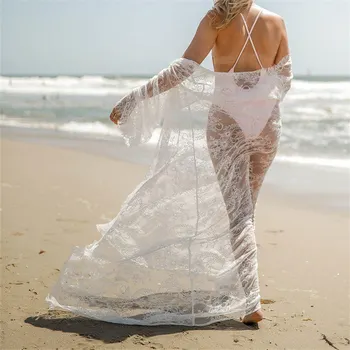 Seksualus Permatomas Siuvinėjimo Long Beach Kimono Balta Ilgomis Rankovėmis Juostinės Kutais Paplūdimio Palaidinės Plius Dydis Moterų Drabužiai 2021 N516