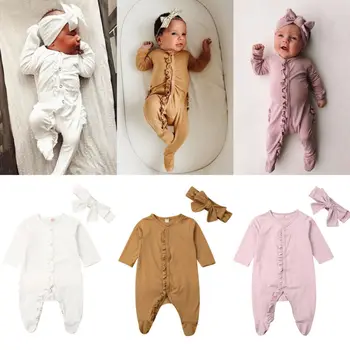 Naujagimį Berniuką Mergina Rudenį Drabužius Ilgomis Rankovėmis Romper Lankelis Sleepwear Pižamos Babygrows