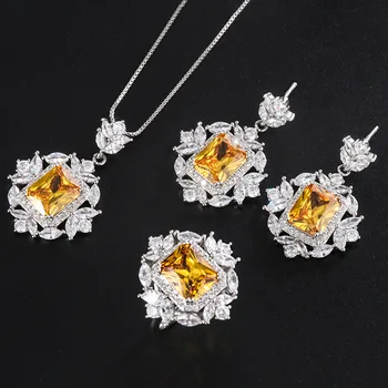 Modeliavimo Yellow Diamond Derliaus Pakabukas Clavicle Grandinės Karoliai, Žiedai, Papuošalų Rinkiniai Moterims Vestuvių Nuotakos