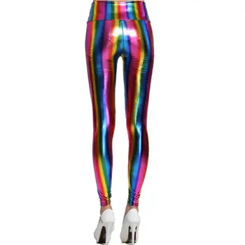 Moteriški Holograma Metallic Vaivorykštės Kojų Blizgučiai Neon Triko Juostelės Spausdinami Aukštos Juosmens Kelnes Dirbtiniais Odos Šalies Clubwear