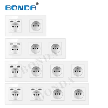 BONDA Multi-ryšys prancūzijos standartinį elektros lizdą, 16A USB grūdinto stiklo skydelis, multi-apkaba derinys AC110-240V
