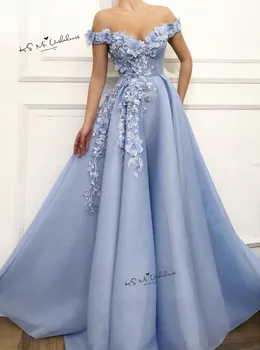 Kuklus Princesė Mėlynos Gėlės Prom Dresses Ilgai 2020 off Peties Oficialus Moterų Vakare Chalatai Vestido de Baile Gala Jurken