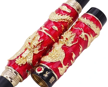 Jinhao Raudona Cloisonne Double Dragon Kaligrafija Fontanas Pen Fude Išlenktas Plunksnų Advanced Amatų Rašyti Dovanų Rašiklį Verslo Biuras