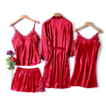LIEPOS DAINA 4 Gabalas Seksuali Pižama Nustatyti Moterų Dirbtiniais Šilko Pataluose Suknelė Nėrinių Diržas Šortai Vasaros Apdaras Sleepwear Su Krūtinės Pagalvėlės