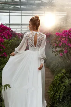 Boho Šifono Vestuvių Suknelės Ilgos, Uždusęs Rankovėmis Elegantiškas Nėrinių Bohemijos Vestuvinės Suknelės arabų Derliaus vestido de noiva Nuotakos Suknelė