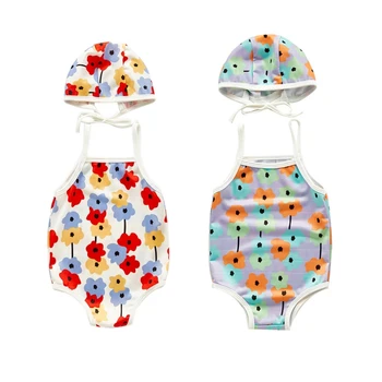 Kūdikių Mergaičių Maudymosi kostiumai bei kelnaitės Su Skrybėlę Vasarą Kūdikių Mergaičių Gėlėti Bikini Paplūdimio Rankšluosčiai su Skrybėlę Set1