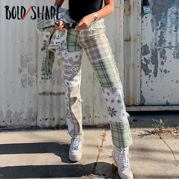 Bold Atspalvį Čiuožėjas Stilius Derliaus Streetwear Baggy Jeans Kankina Pledas 90s Indie Estetinės Kelnes Kratinys Moterų Tiesios Kelnės Karšto