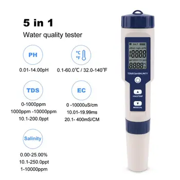 5 in 1 TDS/EB/PH/Druskingumo ir Temperatūros Matuoklis, Vandens Kokybės Testeris Stebėti Testeriai Baseinuose, Geriamojo Vandens Akvariumuose EZ-9909