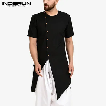 INCERUN Vyrų Indijos Drabužiai, Marškinėliai Kieto Spalvų 2021 trumpomis Rankovėmis Mygtuką Derliaus Kurtas Streetwear Musulmonų Nereguliarus Ilgai Marškinėliai Vyrams