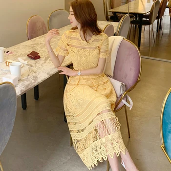 Moterims, Elegantiška Geltona Nėrinių Suknelė Vasaros Stiliaus Trumpomis Rankovėmis Tuščiaviduriai Iš Seksualių Moterų Drabužiai Atsitiktinis Moteriška Šalis Midi Vintage Suknelė