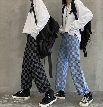 Harajuku Kelnės Moterims 2021 Džinsai Moteris Streetwear Languotas Korėjos Stiliaus, Tiesios Plačios Kojos Džinsai Pledas Tiesios Kelnės
