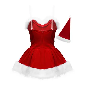Kalėdų Ponios Santa Suknelės Kalėdų Cosplay Kostiumas Šalis Skaidrus Petį, Rankovių Dirbtiniais Kailiais Apdaila Mini Suknelė