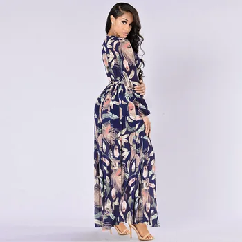 Moterų Ilgas Rankovėmis Rudens Dress 2019 Atsitiktinis Ilgos Suknelės Boho Gėlių Spausdinti Maxi Suknelė su V-kaklo Tvarstis Elegantiškas Suknelės Vestidos