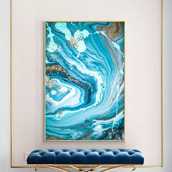 Abstract Blue Marina Su Aukso Folija Rankomis Dažyti Aliejus, Tapyba Ant Drobės, Neįrėminti Rankų Darbo Sienos Meno Kambarį Namų Dekoro