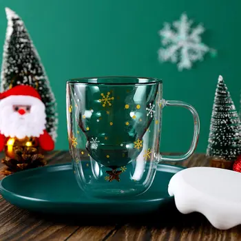 300ML dvisluoksnį Stabdžių Nusiplikymas Stiklo Kalėdų Eglutė Žvaigždėtas Dangus Kavos Puodelis Šilumos Izoliacija Pusryčiai Pieno Taurės Vaikų Dovanų
