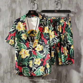 De los hombres de la moda hawaiana conjuntos de verano playa impresión solapa camisas de manga corta vacaciones pantalones cort
