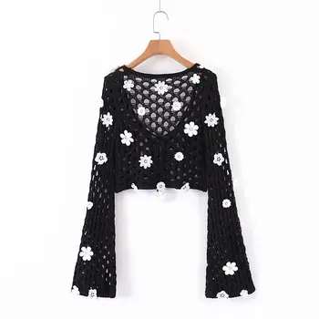 Balta kawaii gėlių aplikacija seksualus megztinis megztas mielas megztinis rudenį kawaii juodas megztinis pasėlių megztiniai moterims korėjos stiliaus