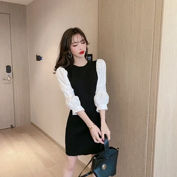 Korėjos Mini Megzti Suknelė Moterims Vasaros Mados Sluoksniuotos Rankovėmis Suknelės plius dydžio Streetwear juoda Suknelė vestidos