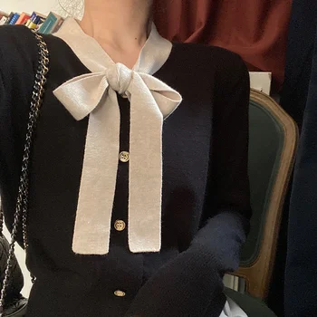Moterų Megztinis Elegantiškas korėjos Prašmatnus Rudenį Kontrastingos Spalvos Nėrinių-up Lankas Prarasti Lieknėjimo ilgomis Rankovėmis susagstomi megztiniai