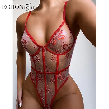 Echonight Sexy Nėrinių Bodysuit Gėlių Siuvinėjimas Moterų Kūno Matyti Per Rompers Moters Kūno Kostiumas Skaidrią Darbo Drabužiai Didmeninė