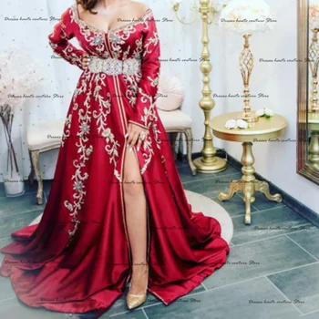 Raudona Maroko Caftan Dress 2021 nuo Peties ilgomis Rankovėmis Padalinta Kristalų Duobute vakarinę Suknelę vestidos de noite