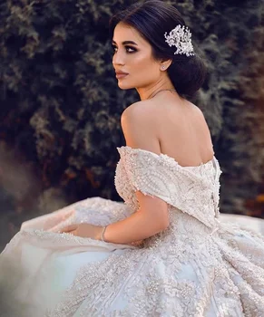 Prabanga Princesė Nėrinių Puošnios Vestuvinės Suknelės Dubajus Kristalų Appliques Sodrus Kamuolys Chalatai Karališkosios Nuotakos Suknelės Vestido De Voiva