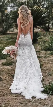 Derliaus Undinė Spageti Vestuvių Suknelė 2021 V-kaklo Backless Nėrinių Appliques 3D Gėlės Šalies Nuotakos Suknelė Plius Dydis Užsakymą