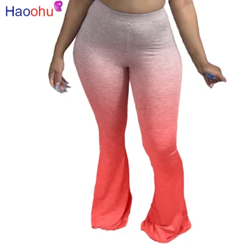 HAOOHU Streetwear Gradientas Moterų Elastinga Pločio Kojų Flare Kelnės, Antblauzdžiai Aukšto Liemens Kelnės Puoštas Jogger Kelnes Sweatpants