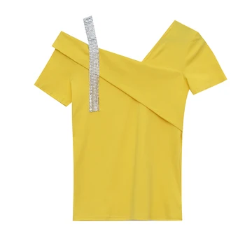 Vasarą Europos Drabužių Mados Asimetriškas Seksualus Tuščiaviduriai Iš Deimantų T-shirt Moterims Topai Ropa Mujer Dugno Marškinėliai Tees T07401