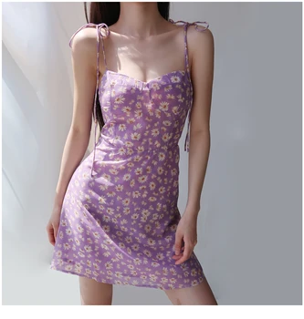Violetinė Gėlių Spausdinti Nėrinių Spageti Dirželis Suknelės Moterims Seksualus Slim Elastinga Juosmens Mini Suknelė 2020 Metų Vasaros Moterų Šventės Suknelė