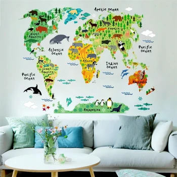 Spalvinga gyvūnų pasaulio žemėlapyje sienų lipdukai vaikams kambariai kambarį namų dekoro animacinių filmų pvc sienų lipdukai 