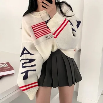 2020 M. Rudens Žiemos Laišką Vėliavos Žakardo Megzti Megztinis Moterims Streetwear White Plus Size Ilgomis Rankovėmis Korėjos Megztinis Drabužiai